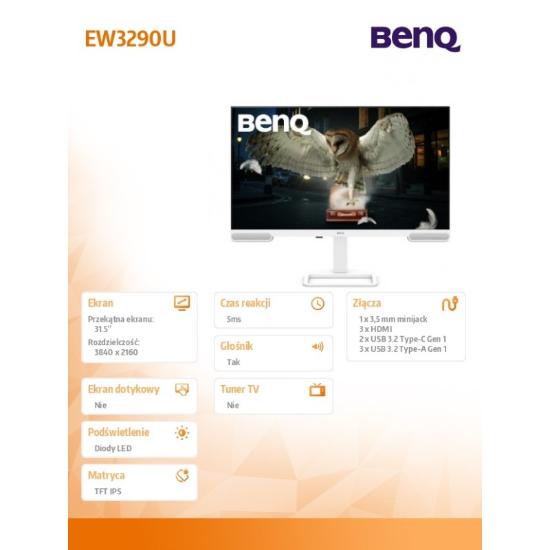 Benq Monitor 32 cale EW3290U 4K LED 5ms/IPS/60Hz/Biały | PartsPC.pl