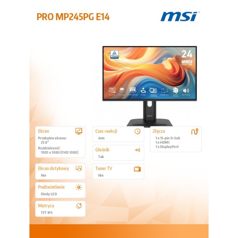 MSI Monitor PRO MP245PG E14 23.8 cala/LED/FHD/Flat/144Hz/Bla… | PartsPC.pl