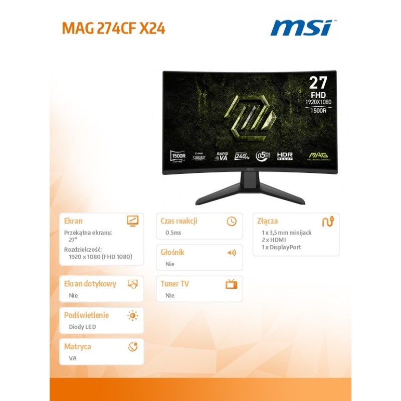 MSI Monitor MAG 274CF X24 27cali/LED/FHD/CURVE/240Hz/Black… | PartsPC.pl