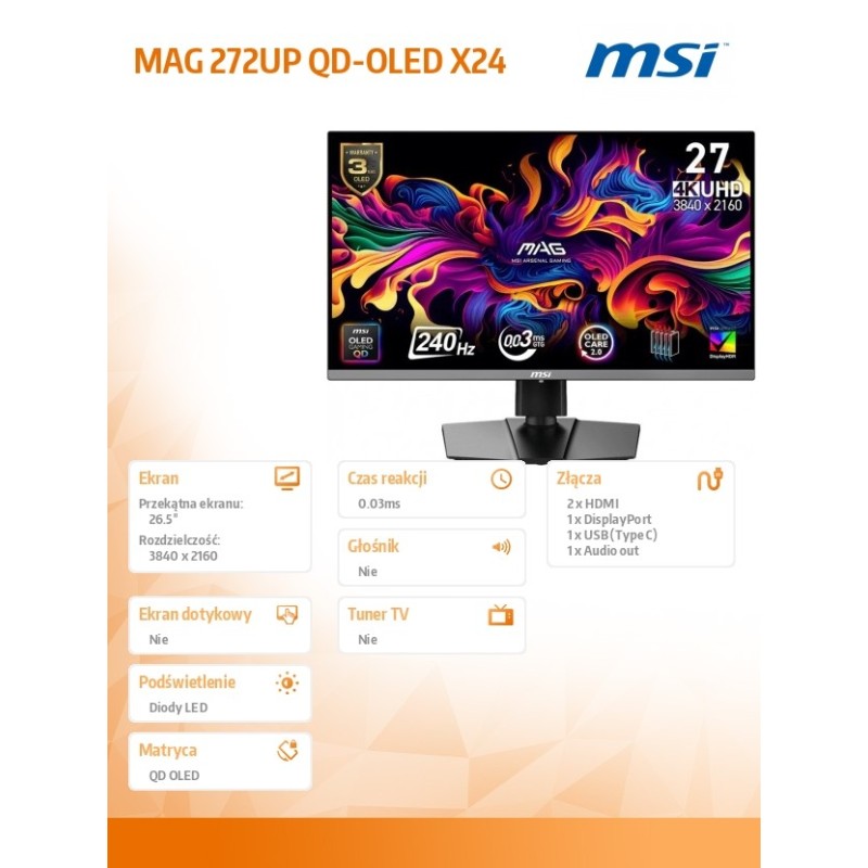 MSI Monitor MAG 272UP QD-OLED X24/26.5/LED/Flat/QD-OLED/UHD/… | PartsPC.pl