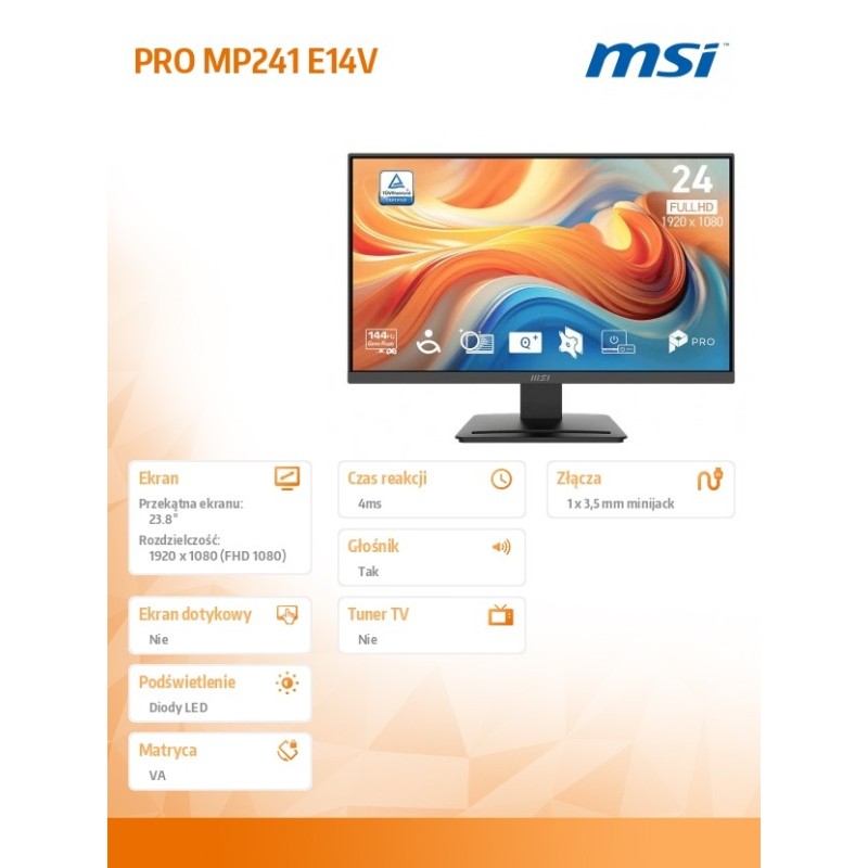 MSI Monitor PRO MP241 E14V 23.8 cala/ LED/FHD/FLAT/144Hz/Cza… | PartsPC.pl
