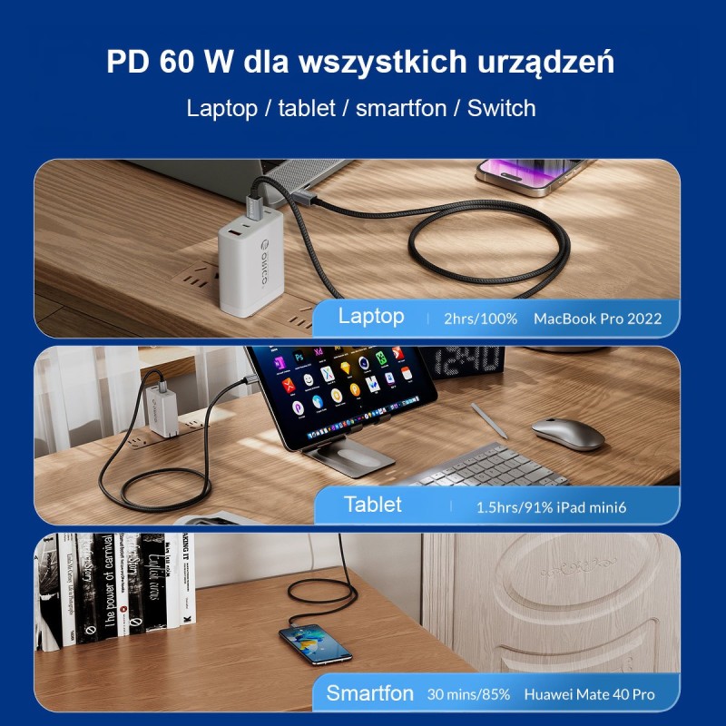 Orico Kabel USB-C do ładowania 60W, 1m, szary | PartsPC.pl