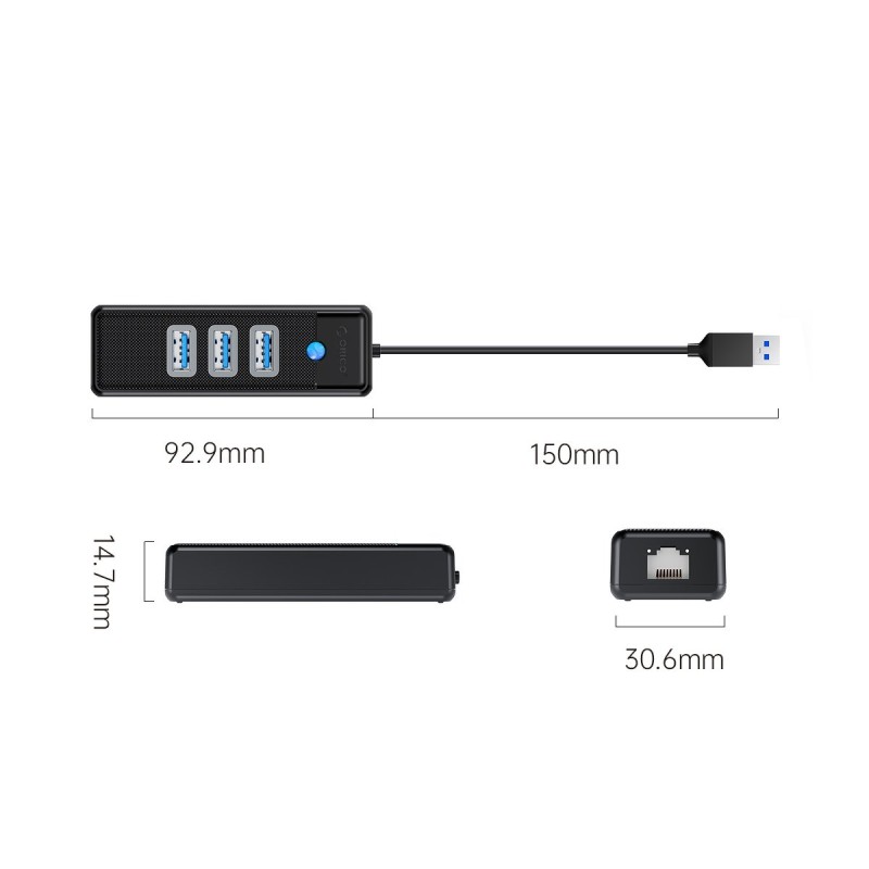 Orico Hub USB-A, RJ45 Ethernet 2,5Gbps, 3x USB-A, czarny | PartsPC.pl