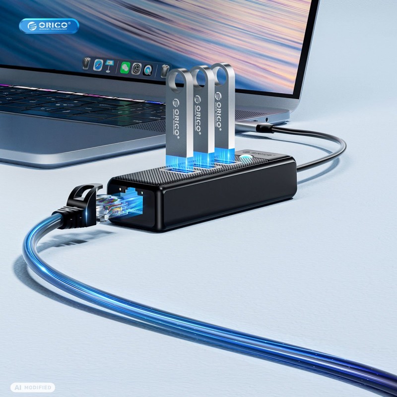 Orico Hub USB-A, RJ45 Ethernet 2,5Gbps, 3x USB-A, czarny | PartsPC.pl
