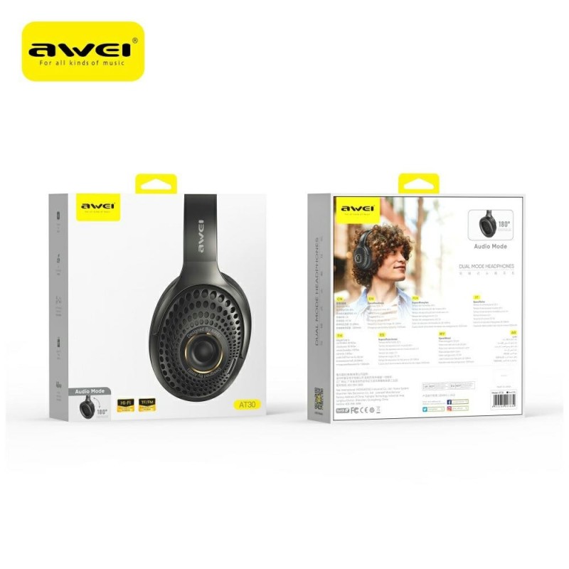 Słuchawki nauszne AT30 Bluetooth 6.0 czarne | PartsPC.pl