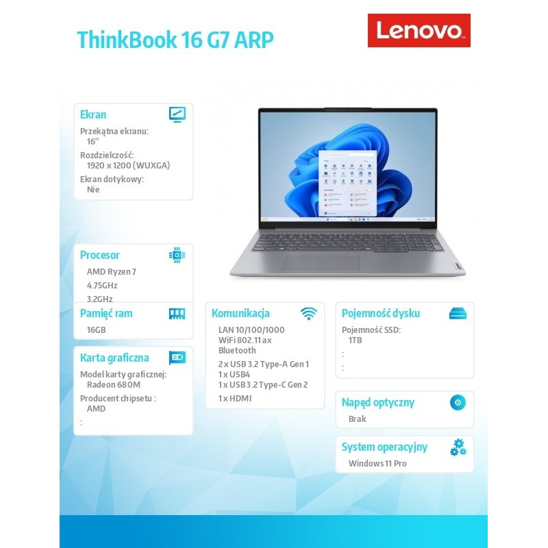 Laptop ThinkBook 16 G7 21MW000UPB W11Pro 7735HS/16GB/1TB/AMD… | PartsPC.pl