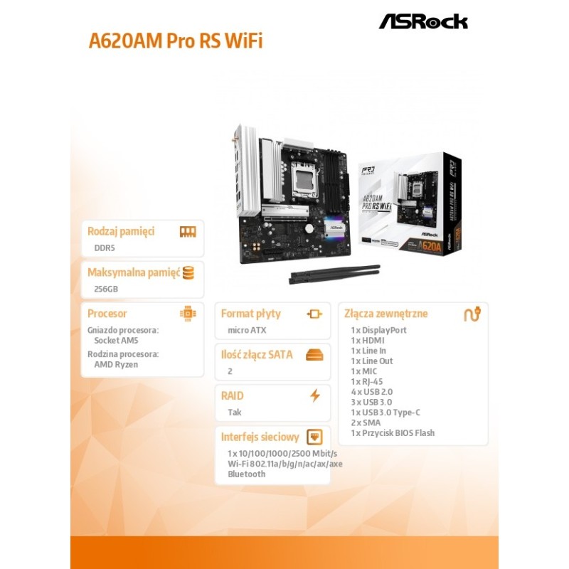 ASRock Płyta główna A620AM PRO RS WIFI AM5 4DDR5 HDMI/DP M.2… | PartsPC.pl