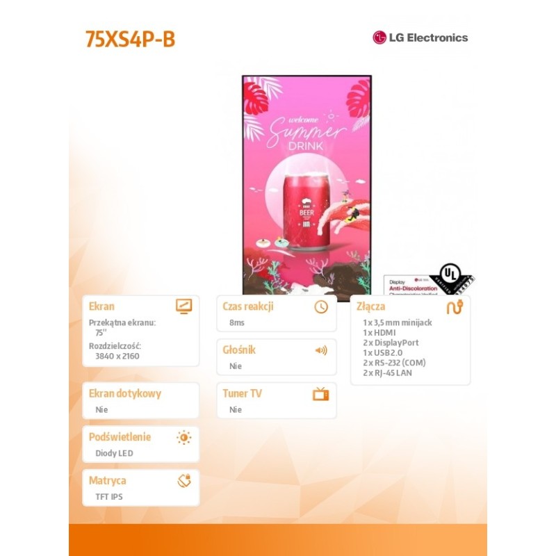 Monitor wielkoformatowy 75XS4P-B UHD 75 cali | PartsPC.pl