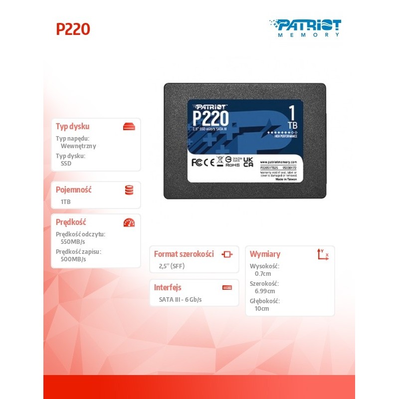 Patriot Dysk SSD 1TB P220 550/500MB/s SATA III 2.5 cala | PartsPC.pl