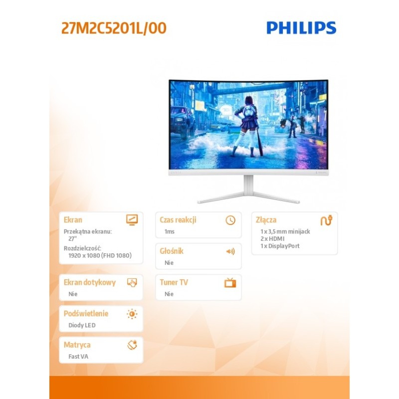 Philips Monitor 27M2C5201L 27 cali Curved VA 180Hz HDMIx2 DP… | PartsPC.pl