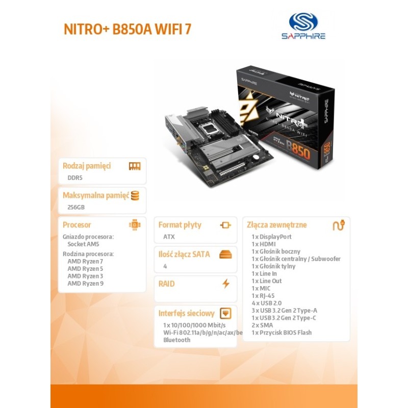 Sapphire Technology Płyta główna NITRO+ B850A WIFI7 AM5 4DDR… | PartsPC.pl