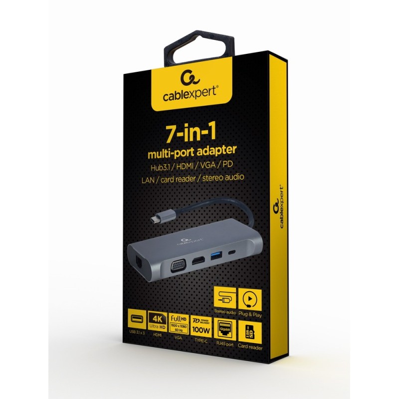 Adapter USB-C Hub USB-C PD GbE VGA HDMI 3xUSB 3.1 card audio | PartsPC.pl