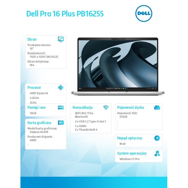 Laptop Dell Pro 16 Plus PB16255 W11P AMD Ryzen AI 5 PRO 340/… | PartsPC.pl