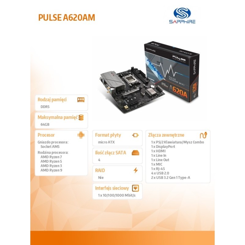 Sapphire Technology Płyta główna PULSE A620AM 2DDR5 mATX | PartsPC.pl