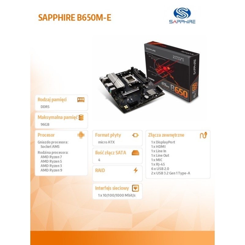 Sapphire Technology Płyta główna B650M-E AM5 2DDR5 mATX | PartsPC.pl
