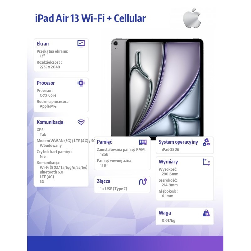 Apple iPad Air 13 cali Wi-Fi + Cellular 1TB Gwiezdna szarość | PartsPC.pl