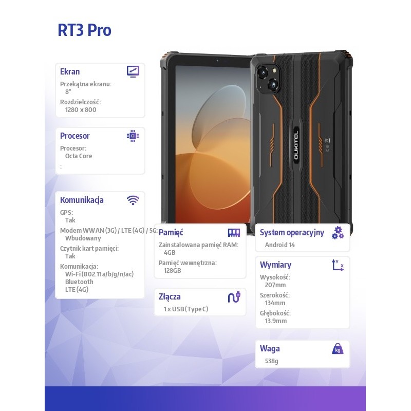 Tablet RT3 Pro 4G 8 cal 4/128GB pomarańczowy | PartsPC.pl