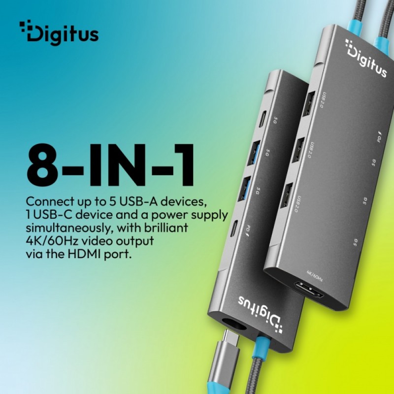 Stacja dokująca USB-C 8-portowa, HDMI 4K/60Hz, 2x USB-A + 1x… | PartsPC.pl