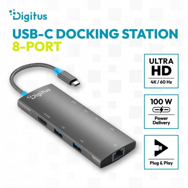 Stacja dokująca USB-C 8-portowa, HDMI 4K/60Hz, 4x USB-A + 1x… | PartsPC.pl