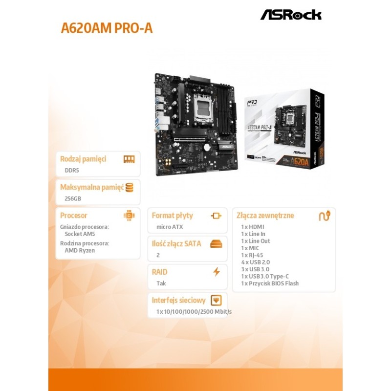 ASRock Płyta główna A620AM PRO-A AM5 4DDR5 HDMI M.2 mATX | PartsPC.pl