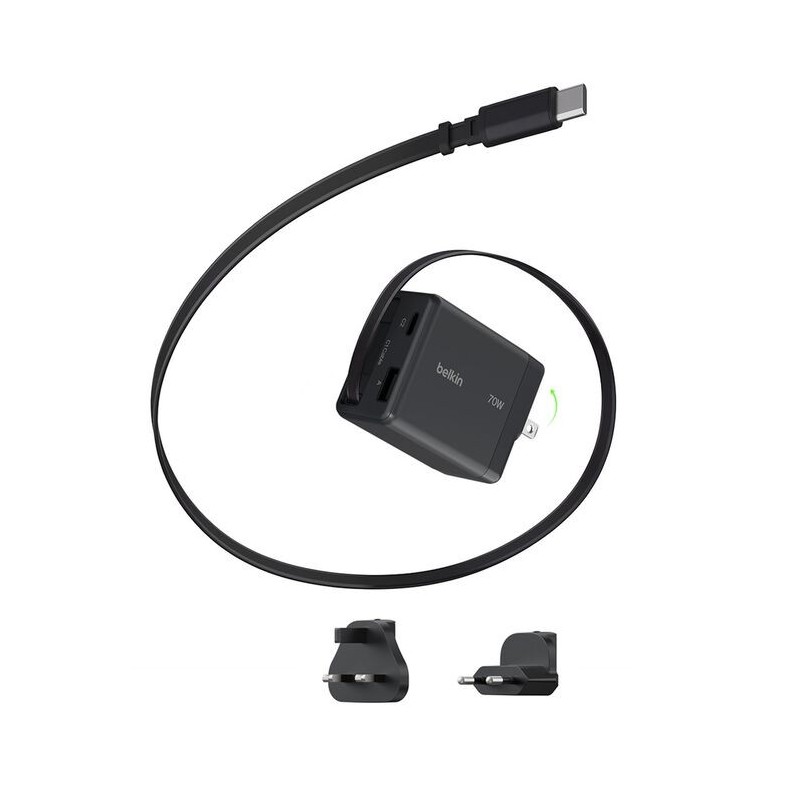 Ładowarka 70W zwijany kabel USB-C , USB-C, USB-A