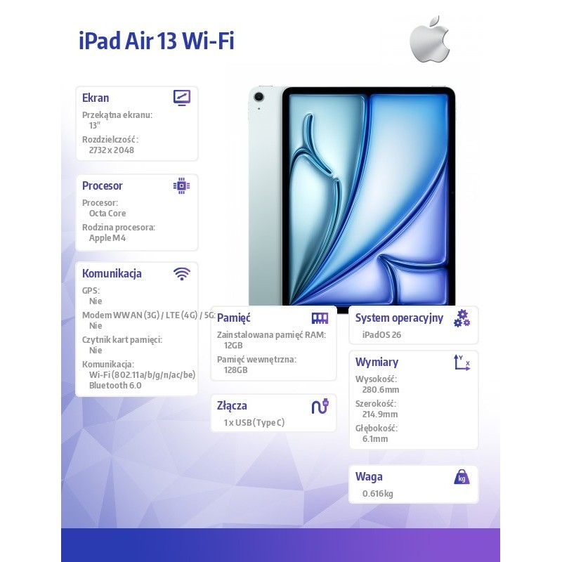 Apple iPad Air 13 cali Wi-Fi 128GB Niebieski | PartsPC.pl
