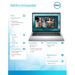 Laptop Dell Pro 14 Essential PV14250 W11P C5-220U|16GB|512GB|Intel Graphics|FgrPr|WLAN+BT|14.0 2K|BcklKb|4C|65W|3YPS Platinum Si
