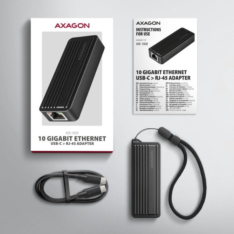 ADE-10GR Karta sieciowa USB-C 10Gbps, port RJ-45 10GbE (10/5/2.5/1G), chipset Realtek RTL8159, Wake-on-LAN, aluminiowa, odłączan