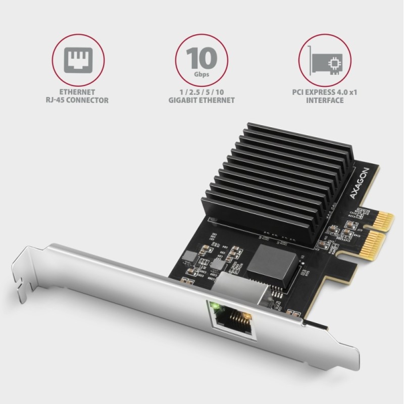 PCEE-10GR Karta sieciowa PCIe 4.0 x1, port RJ-45 10GbE (10/5/2.5/1G), chipset Realtek RTL8127, PXE, Wake-on-LAN, radiator, śledź