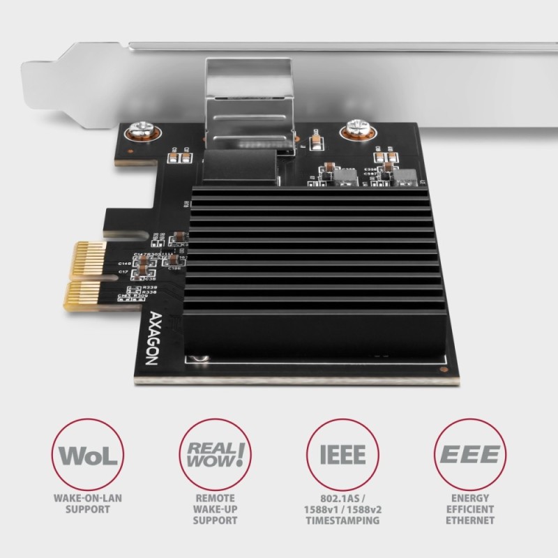 PCEE-10GR Karta sieciowa PCIe 4.0 x1, port RJ-45 10GbE (10/5/2.5/1G), chipset Realtek RTL8127, PXE, Wake-on-LAN, radiator, śledź