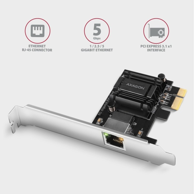 PCEE-G50 Karta sieciowa PCIe 3.1 x1, port RJ-45 5GbE (5/2.5/1G), chipset Realtek RTL8126, PXE, Wake-on-LAN, radiator, śledź SP/L