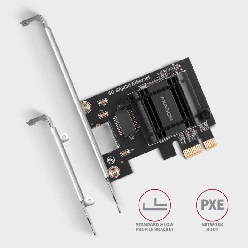 PCEE-G50 Karta sieciowa PCIe 3.1 x1, port RJ-45 5GbE (5/2.5/1G), chipset Realtek RTL8126, PXE, Wake-on-LAN, radiator, śledź SP/L