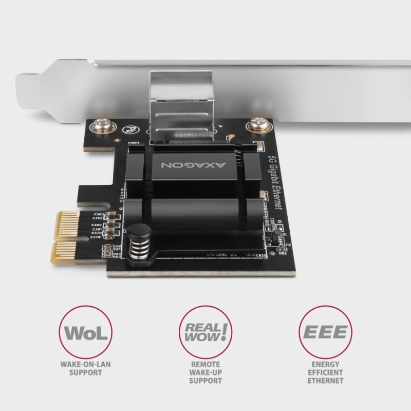 PCEE-G50 Karta sieciowa PCIe 3.1 x1, port RJ-45 5GbE (5/2.5/1G), chipset Realtek RTL8126, PXE, Wake-on-LAN, radiator, śledź SP/L