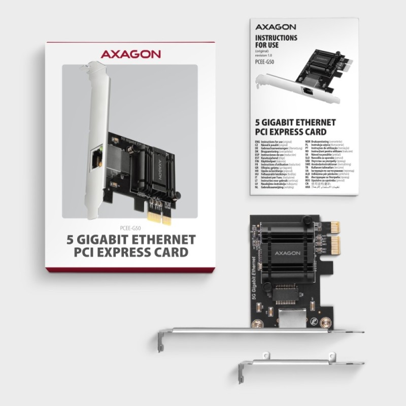 PCEE-G50 Karta sieciowa PCIe 3.1 x1, port RJ-45 5GbE (5/2.5/1G), chipset Realtek RTL8126, PXE, Wake-on-LAN, radiator, śledź SP/L