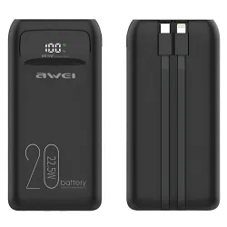 Powerbank awei p169k 20000mah 22,5w 1xusb-c pd + 1xusb-a fast charge -wbudowane kable usb-c / lightning -czarny